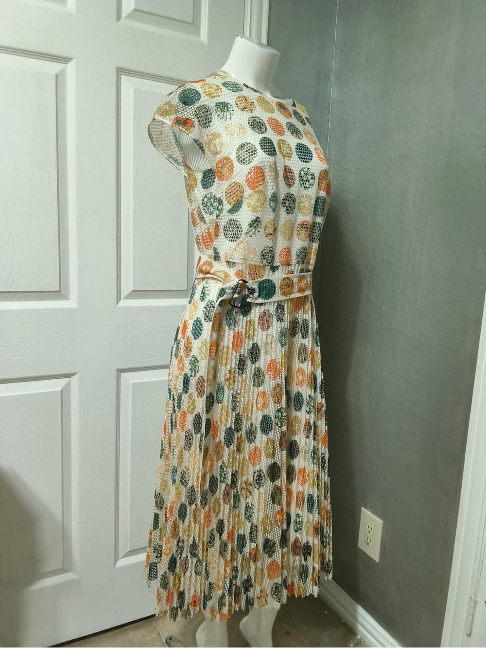 Akris Punto Cream Midi Dress with Orange, Green & Gray Polka Dots